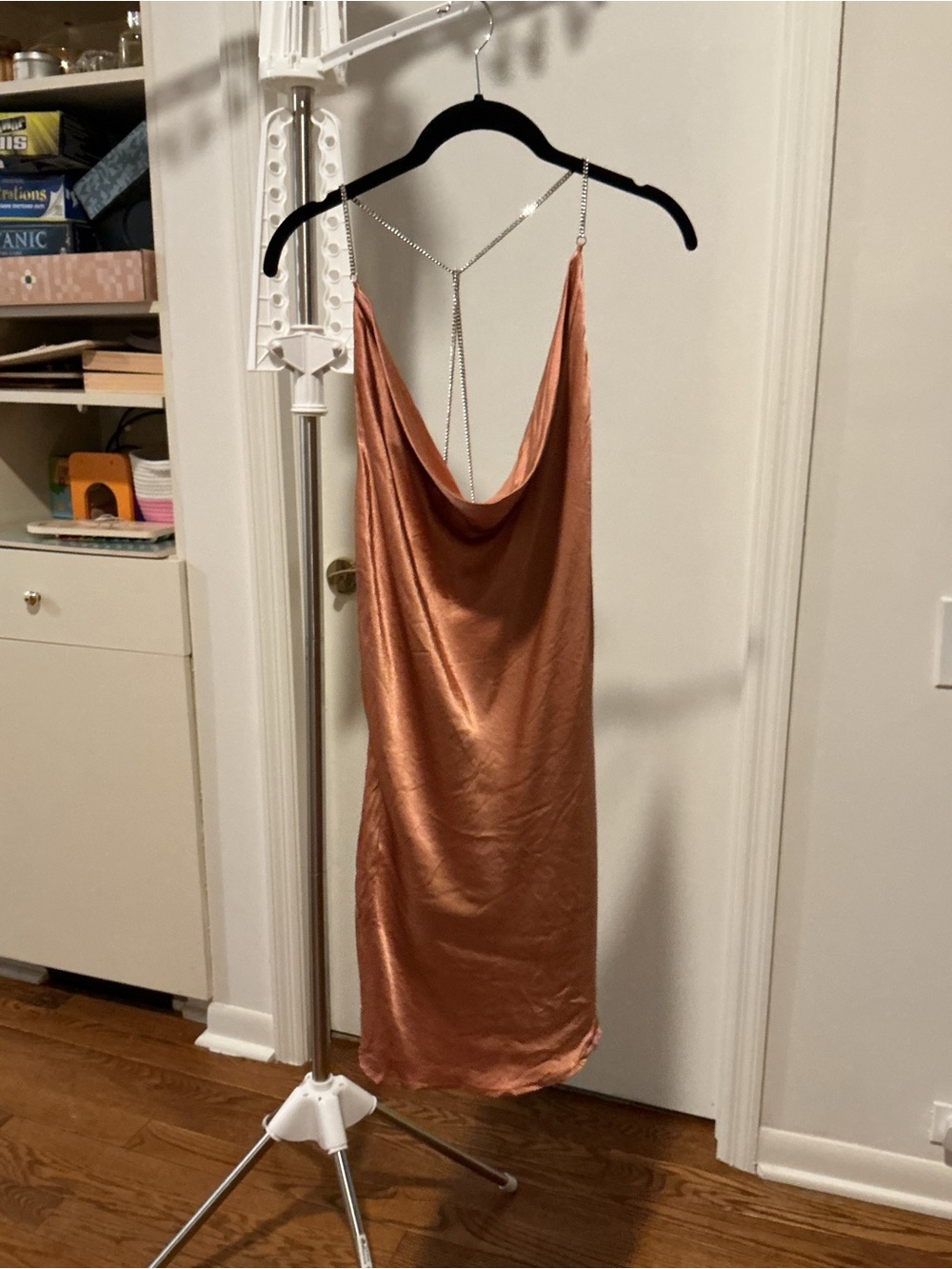 Silky Cowl Neck Slip Dress with Chain Back - Copper